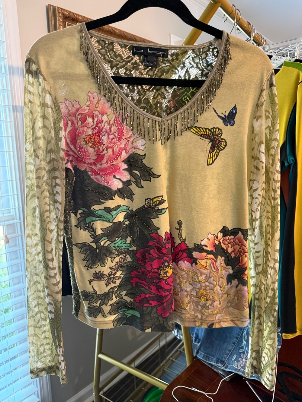 LA Loop Lace Trim Olive Green Floral V-Neck Blouse with Fringe